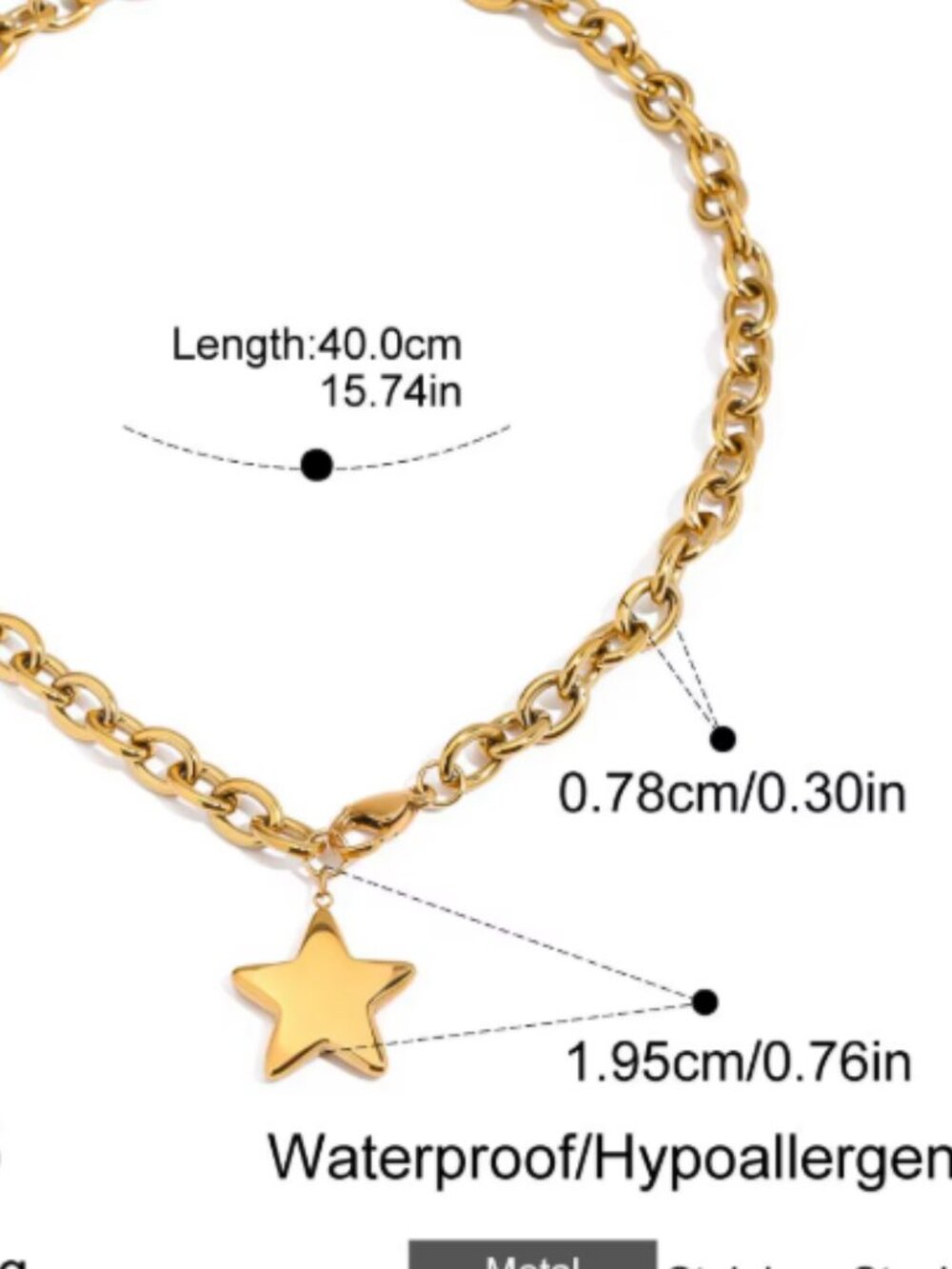 Star Necklace Waterproof Clasp In front Silver or Gold Chunky Chain Necklace - Picture 5 of 9